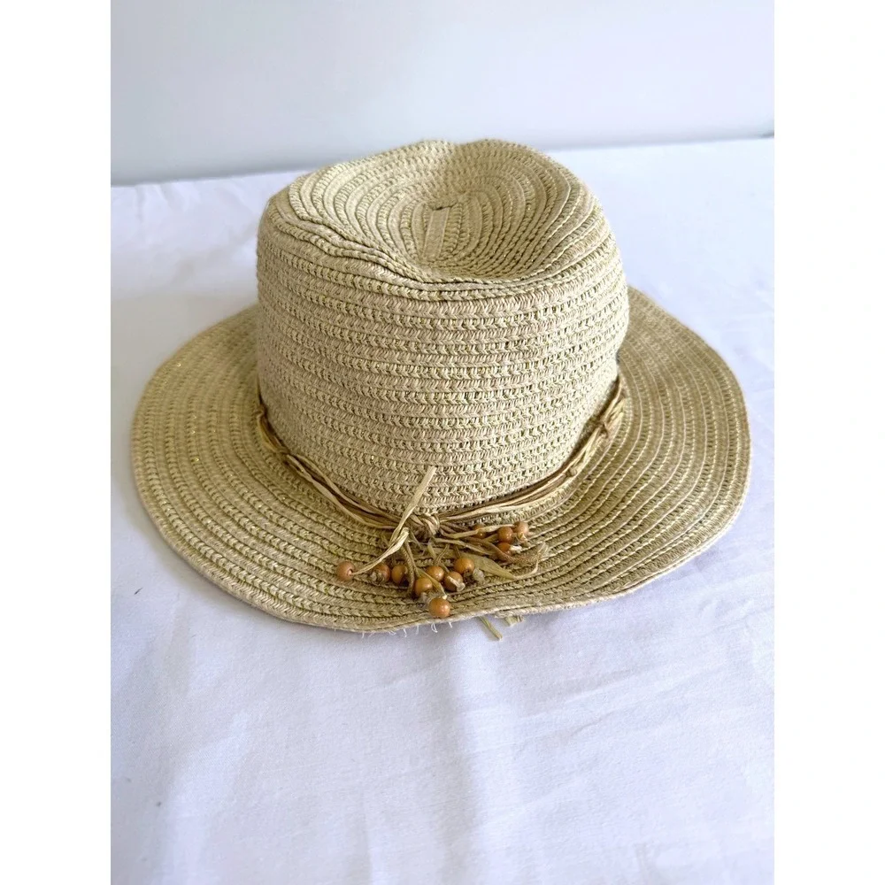 Vintage Tommy Bahama Womens Floppy Straw Sun Hat Gold Metallic Beads Tan Rare‎